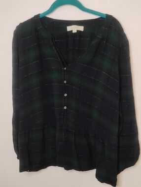 LOFT Navy & Green Plaid V-Neck Button Peplum Blouse